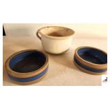 (2) STONE PET FEEDER - BLUE BANDS IRONESTONE CHAMBER POT - CHIPPED AND CRACKED - (GARAGE)