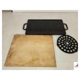 LODGE CAST IRON COOKING GRIDDLE 7GI2 - TRIVET VINTAGE WOOD CUTTING BOARD - (KITCHEN)
