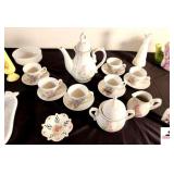 PAINTED FLOWER TEA SET (6) CUPS & SAUCERS - CREAMER - SUGAR - VINTAGE DECORATIVE TRAY - PAINTED PITCHER - MILKGLASS PEAR SHAPED TRAY - MILKGLASS BUD  VASE - PAINTED YELLOW BUD VASE - (GARAGE)