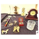 WINDCHIME WITH CAROUSEL HORSES MR. CHRISTMAS WOOD MUSICBOX (WORKS) - LEAD GLASS VASE - BRONZE TYPE METAL CAROUSEL WITH STEPS - ANNIVERSARY CLOCK (SHOWS WEAR, CONDITION UNKNOWN) - BATTERY CLOCK "A TIME