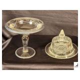 CRYSTAL COMPOTE WITH ETCHED SILVER RIM & ROUND COVERED BUTTER DISH WITH RAY DESIGN - (HALL)