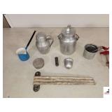 VINTAGE BLUE HANDLEWARE LADLE WATER DIPPER - ALUMINUM SYRUP PITCHER - ALUMINUM BUCKET WITH VAIL - VINTAGE COLLAPSE WATER GLASS - CHILDS ALUMINUM CUP WITH SPOONS - PLASTIC SYRINGE - ALUMINUM - ACORN SI