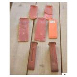 (2) IRON WEDGES - (5) PLASTIC WEDGES - RED PLASTIC TOOL BOX - HANDLE - (IMP. SHED)