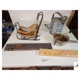 WOOD & METAL CHRISTMAS SLIEGH - WOODEN CUT OUT "NO SMOKING" SIGN - METAL WATERING CAN - VINTAGE GRATER - PEG RACK - (UPSTAIRS)