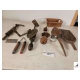 VINTAGE DRILL WITH LEFT HAND RACHET LG3 - TOP ARM PIECE HAS CHIP - IRON COB - SOUTHERN CO MEMPHIS, VINTAGE SLIDING PLIERS PULLER - THE SOUTHERN CO MEMPHIS, TN GAS TANK LID - J. S. MATTHEWS JR JACKSON 