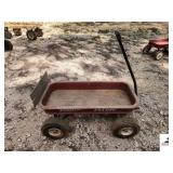 VINTAGE RADIO FLYER RED CHILDS WAGON WITH NUMATIC TIRES - WOOD SLAT TAIL GATE - (IMP SHED)