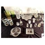 9" TALL VINTAGE CRYSTAL PITCHER - 10" DIAMETER PRESSED FRUIT PLATE - PRESSED TOOTHPICK HOLDER - GLASS BELL - MEDICINE BOTTLES - CRUIT (DAMAGED) - ASHTRAY - MASON JAR CUPS - GREEN AND AMBER GLASSES - Q