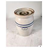 #3 BLUE RING BUTTER CHURN STONEWARE MARSHALL POTTERY, CO. - MARSHALL, TEXAS - NO DASHER - LID HAS A SMALL CHIP - (UPSTAIRS)