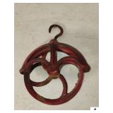 VINTAGE WELL PULLEY 7 1/2 " DIAMETER - PAINTED RED - (GARAGE)