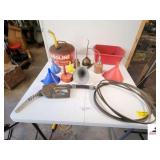 RED GAS CAN - FUNNELS - 3 METAL OIL CANS - GAS NOZZEL - 3 FAN BELTS - (IN GARAGE)