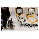 (2) WHEELS AND BRACKETS - (4) SMALL CASTER WHEELS- (2) SHOP LIGHTS - (SHOP)