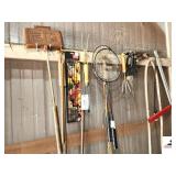 DOUBLE SOUGHTED PRY IRON BBQ TONGS - HOT DOG TONGS - GARDEN TOOLS - SCISSORS - TREE SAW - WALL HOSE - (2) BATMINTON RACKETS - (DETATCHED GARAGE)