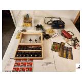 ORGAN HAND GRINDER DRILL DOCTOR XP - MOTOR RUNS - MAY BE MISSING SOME ATTACHMENTS - BOSCH TITANIUM DRILL - WIRE NUTS - CLAMPS - GAS CAN LIDS - SKIL ROUTER BUT SET IN CARRYING CASE (NEW IN BOX) -