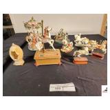 MUSICAL CAROUSEL MERRY-GO-ROUND & PIECES WOULD NOT PLAY AT TIME OF TEST - (5) INDIVIDUAL CAROUSEL HORSES (2) ON WOOD STAND - (2) ROCKING PORCELAIN HORSES - (1) PORCELAIN STABLE HORSE - CAROUSEL HORSE 