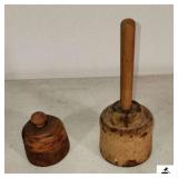 2 VINTAGE WOOD TURNED BUTTER MOLDS - - SMALL WITH RINGS AROUND HANDLE - 1 WITH TALL HANDLE & DESIGN ( HANDLE NEEDS GLUING)  CRACK IN MOLD - (NW BEDROOM)