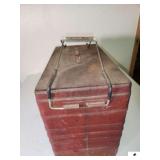 VINTAGE FALSTAFF TIN BEER COOLER PAINED RED - BOTTOM REIM SHOWS SOME RUST - TOP HANDLE IS SLIGHTLY BENT - GALVANIZED INTERIOR (GARAGE)