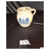 P. R. STORIE POTTERY CROCK WITH LID AND HANDLE - COBALT BLUE BARN AND FENCE SCENE - LID CHIPPED - RIM OF CROCK SMALL CRACK - (KITCHEN)