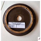 IRON CHURN LID RIM 7 1/8" WIDE - TOTAL DIAMETER 8 1/4" - FEW ROUGH SPOTS UNDERNEATH LID - CHIPS (GARAGE WINDOW)