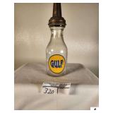 DURAGLASS OIL BOTTLE WITH  GULF STICKER ONE QUART - PA SERIAL NUMBER M-2-4 - MASTER MANUFACTURING CO. PAT. SEAL ON SPOUT - 1926 - (GARAGE)
