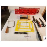 COMBINATION SET OF IDENTIFICATION TOOLS A-Z, 0-9 " 1/8" REUSABLE STEEL STAMPS - TIN SNIPS - LARGE SCISSORS - CUTTORS - SMALL SAW - LUMBER LOCK PLATE VISE - TWO PLASTIC TOOL HOLDERS - (TRAILER)