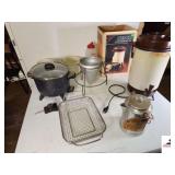 NESCO 42 CUP AUTOMATIC PERKOLATOR COMET 9-CUP BBQ ALUMINUM PERKOLATOR - JUICER - COLLANDER - DEEP-FAT FRIER WITH CONNECTION, CORD IS MISSING - PLASTIC BOWLS - METAL COOLING BASKET (UPSTAIRS)