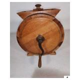 ANTIQUE PRIMITIVE WOOD BUTTER CHURN - HALL BROTHERS COMPANY WEST ACTION MASS. USA - NO 0 IMPROVED WITH A PICTURE OF A BULL - 13 1/2" TALL - (KITCHEN)
