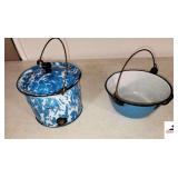 AQUA BLUE & WHITE VINTAGE ENAMEL BUCKET W/LID & PAN WITH VAIL  AND HANDLE (ENAMEL MISSING) - (NW BEDROOM)