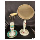 LIMOGS CHINA HAT PIN HOLDER WITH THREE HAT PINS - DRESSER MIRROR WITH CHINA BASE - (HALL)