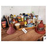 COLLECTION OF CANS - WD40 - OIL FUNNELS - SOME EMPTY - QT OF MOTOR OIL (CORNER OF GARAGE)