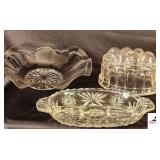 VINTAGE TRADITIONAL HALF-PINT GLASS JELLY OVAL BOWL TOP - VINTAGE ANCHOR HOCKING STAR DIVIDED RELISH DISH - SCALLOPED EDGE SERVING BOWL - (HALL)
