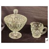 VINTAGE LEADED GLASS COMPOTE DISH , PESDESTAL BASE AND FOSTORIA STYLE CREAMER (IN HALL)
