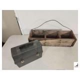 PRIMTIVE WOOD TOOL BOX  WITH WIRE VAIL & PLASTIC LUNCH BOX