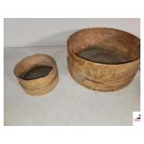 (2) OLD BRENTWOOD SIEVE WOOD & WIRE FARMHOUSE SIFTER - (VERY RUSTY) - SHOWS WEAR - EDGES HAVE USE WEAR - 1 SMALL 6 1/2"  - 1 LARGE 13" - (NW BEDROOM)