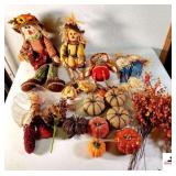 FALL DECORATIONS STUFFED SCARCROWS - PUMPKINS - FAKE CORN HUSKS - FALL FLOWER DECOR - COMES WITH BLUE TOTE - (UPSTAIRS)