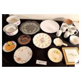 CLEAR PLATTER JENNETTE GLASS IRIS MILKGLASS CAKE PLATE - PAINTED EGG PLATE - PINK DEPRESSION SAUCER - PLASTIC BOWLS - CUPS - S&P SHAKERS - TRIVIT PLATE - METAL PAINTED MIXING BOWLS - MISC ITEMS - (GAR