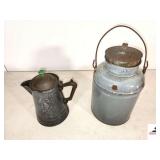 ANTIQUE ENAMELWARE COFFE POT - (GREEN KNOB-SHOWS WEAR)-VINTAGE GREY ENAMELWARE GREY MOTTLED PAIL - FEW CHIPS  & RUSTY ON TOP  (NW BEDROOM)