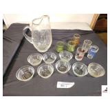 GLASS TEA PITCHER - ETCHED MONOGRAMED "J" ETCHED FLOWER - (8) SMALL PYREX ICE CREAM BOWLS - MISC JUICE GLASSES - SPACECENTER HUNTSVILLE, AL GLASS - (UPSTAIRS)
