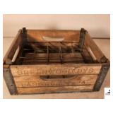 GREENWOOD DYS. LANGHORNE, PA. DAIRY CRATE METAL BASE & CORNERS - WOOD SLATS - WIRE RINGS - HOLDS 25 BOTTLES - GOOD CONDITION - (GARAGE)