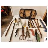 CLC WORKMAN TOOLBAG WITH MISC TOOLS CROWBAR - HAND SQUARE - CLAW HAMMER - CUTTERS - SNIPS - MISC - (SHOP)