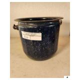 BLUE & WHITE DOT PORCELLIAN BUCKET HAS CHIPS AND USE WEAR - WIRE RAIL AND WOOD HANDLE - (GARAGE)
