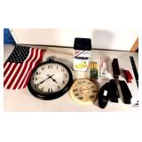 BATTERY WALL CLOCK - MISC ITEMS PREMIUM CRACKER TIN - THERMOMETER - OFFICE SUPPLIES - STAPLERS - TAPE DISPENSER - SMALL AMERICAN FLAG - (GARAGE)