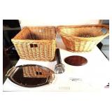 (2) HANDLED WOVEN BASKETS - OVAL AND SQUARE FLASHLIGHT - SILVER/MIRRORED TRAY - WOOD BASE - (GARAGE)