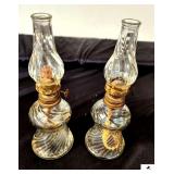 PAIR ANTIQUE KEROSENE OIL LAMPS- SWIRL BASE & SHADES - OCTAGON MARK WITH 1 - METAL SHOWS SOME RUST - (BK BED RM)