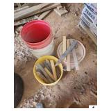 EMPTY 5 GALLON BUCKETS - WOOD STAKES - (IMP. SHED)