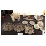 GLASS PLATES & GLASSWARE DIVIDED VEGATABLE DISH - SAUCERS - BUTTER BOWLS - SERVING BOWLS - SUGAR BOWL - CRYSTAL CANDY DISH - GLASSES (GARAGE)