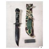 TAIWAN SURVIVAL KNIFE - TOP COMPASS - SHARPENING STONE - SCAFFORD -- CAMO  (IN CASE BOTTOM SHELF)