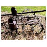 HORSE DRAWN TWO ROW CORN PLANTER CONVERTED HITCH - BOXES BENT AND RUSTED OFF - PULL HITCH ATTACHED - (OUTSIDE)