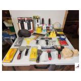 SHEETROCK & PAINTING TOOLS SANDPAPER - KNEE PADS - SCRAPERS - ALL SIZES - NEW & USED - STEEL WOOL - PAINT STIRRERS - BUCKET - 3 NEW PAINT ROLLERS - STEEL WOOL - (UPSTAIRS, NW CORNER)