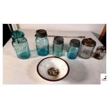 BALL IDEAL BLUE QUART JAR PAT. JULY 14, 1908 WITH GLASS LID AND VAIL #7 - BALL PERFECT MASON QUART - BALL MASON BLUE #3 PINT - BALL PERFECT MASON #10 - 2 ANTIQUE CANISTER JARS - ZINC LIDS ARE TURNED -