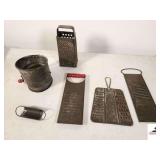 TIN KITCHEN UTENSILS SIMPLEX GRADER WITH RED HANDLE - SHOWS RUBS AND USE WEAR - GOOD CONDITION - TRIPLE FINE SHREDDER - GRADER - COURSE GRADER - GADGET MASTER PROP MODEL 8 - MADE IN USA - HEAVY SLICER